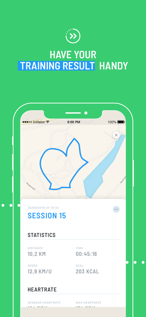 Start 2 Run - Start 2 Run mobile app screenshot showing a running route on a map and detailed session statistics including distance and time