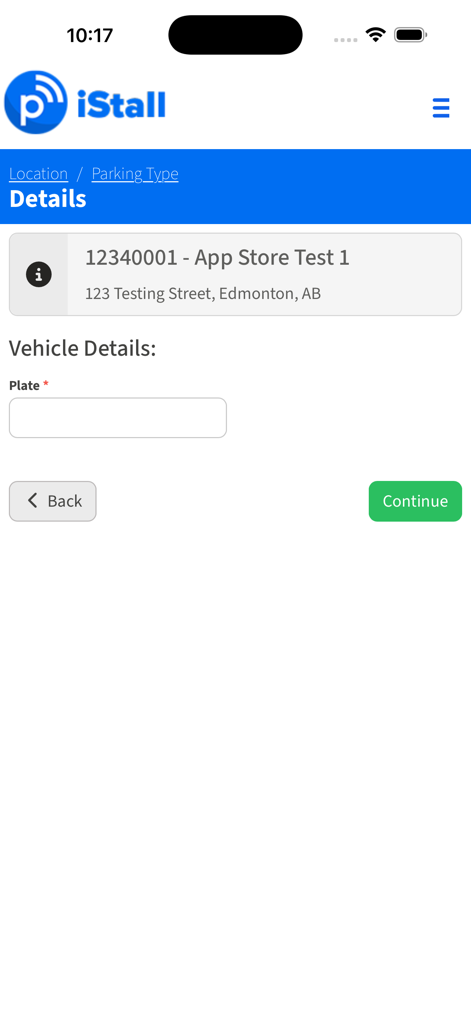 iStall - iStall app screen for entering vehicle license plate and parking location details.