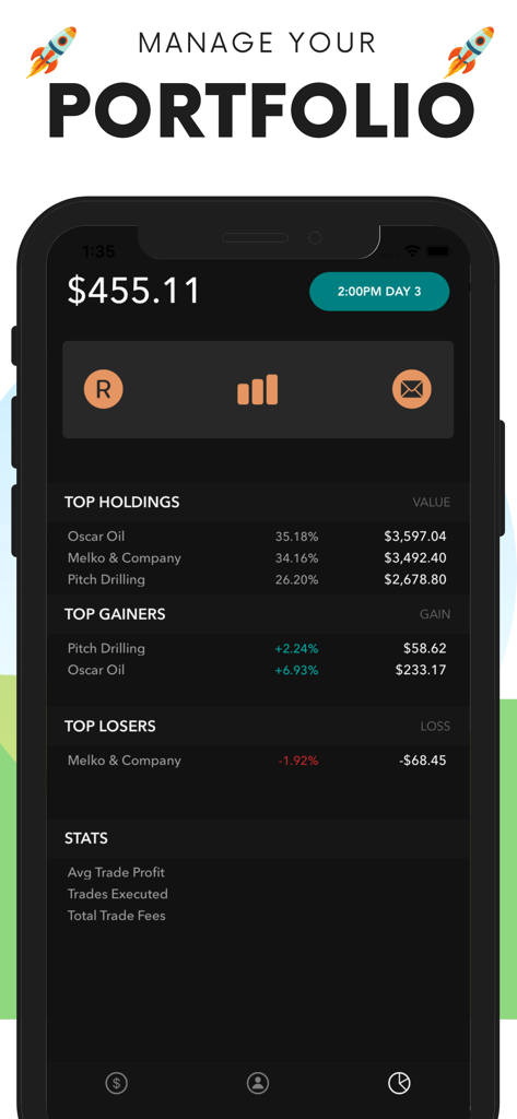 Interfaz de aplicación móvil que muestra una cartera de trading de bolsa con participaciones, ganadores y perdedores