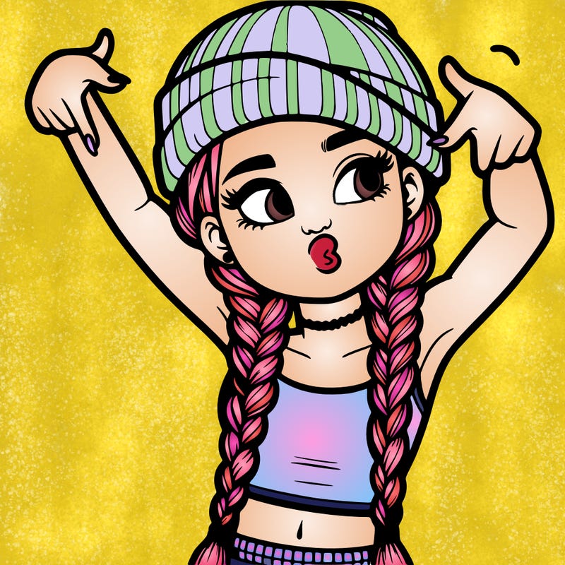 realistic teenage girl with braids and a beanie and crop top doing 🫶🏼