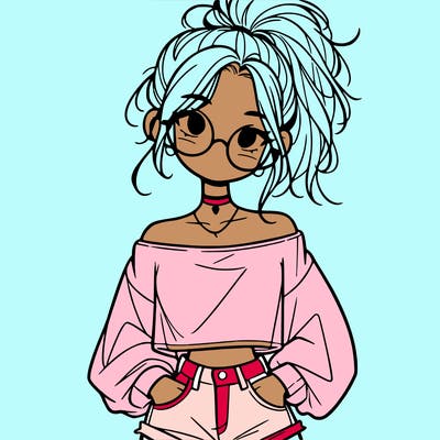 girl with a messy ponytail glasses a baggy crop top and jean shorts