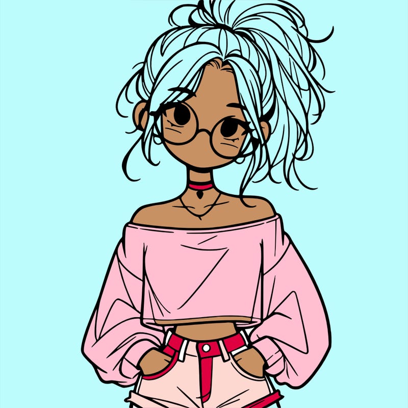 girl with a messy ponytail glasses a baggy crop top and jean shorts