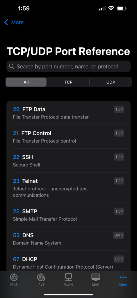 NetBuddy IP Subnet Calculator - TCP and UDP port reference list in NetBuddy app showing common network protocols like FTP, SSH and DNS.