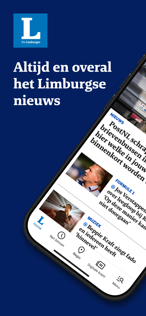 De Limburger news app home screen showing local Dutch headlines and navigation