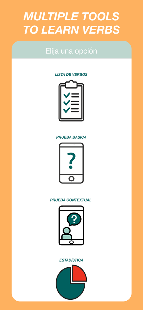 Spanish Verbs Quiz - Spanish Verbs Quiz app menu displaying study tools including verb lists, quizzes, and statistics.