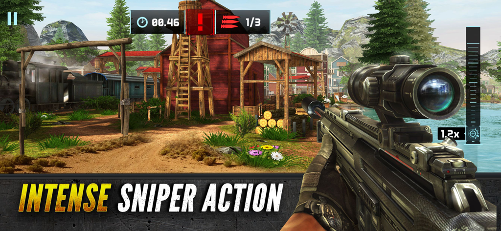 Sniper Fury: FPS Shooting Game - First person view of a sniper rifle aiming at a rustic town environment in Sniper Fury