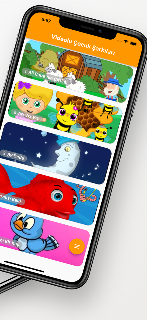 Videolu Çocuk Şarkıları - Mobile App-Oberfläche, die eine Liste türkischer Kinderlieder mit bunten Illustrationen zeigt