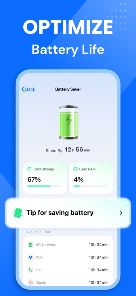 Clean Storage Now: Cleanup App - Clean Storage Now app interface showing battery saver stats and storage usage