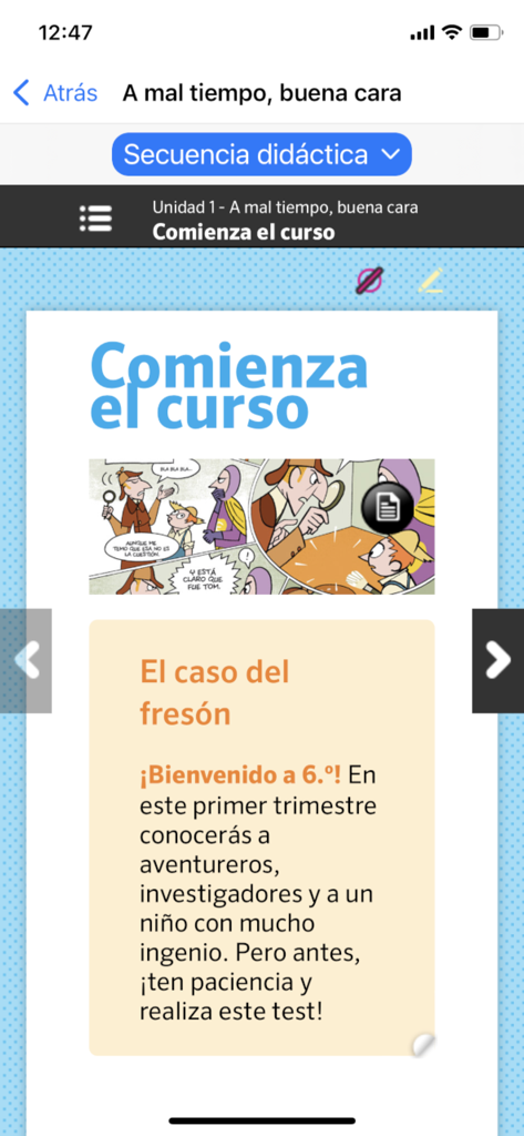 Digital interface of SM Aprendizaje showing a Spanish lesson for sixth grade with interactive content