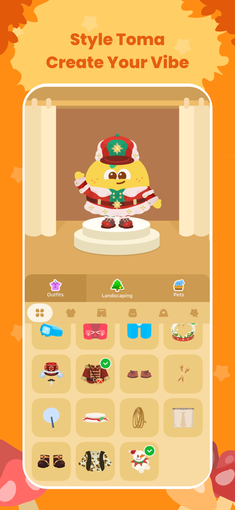 MeGrow: Grow Daily,Care Deeply - MeGrow app customization screen showing Toma the tomato pet in a festive outfit with a selection of clothing items and accessories
