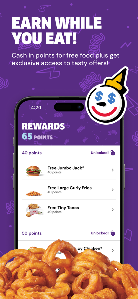 Exibição do app móvel Jack in the Box mostrando pontos de recompensa e ofertas de comida grátis, como Jumbo Jack e batatas fritas encaracoladas