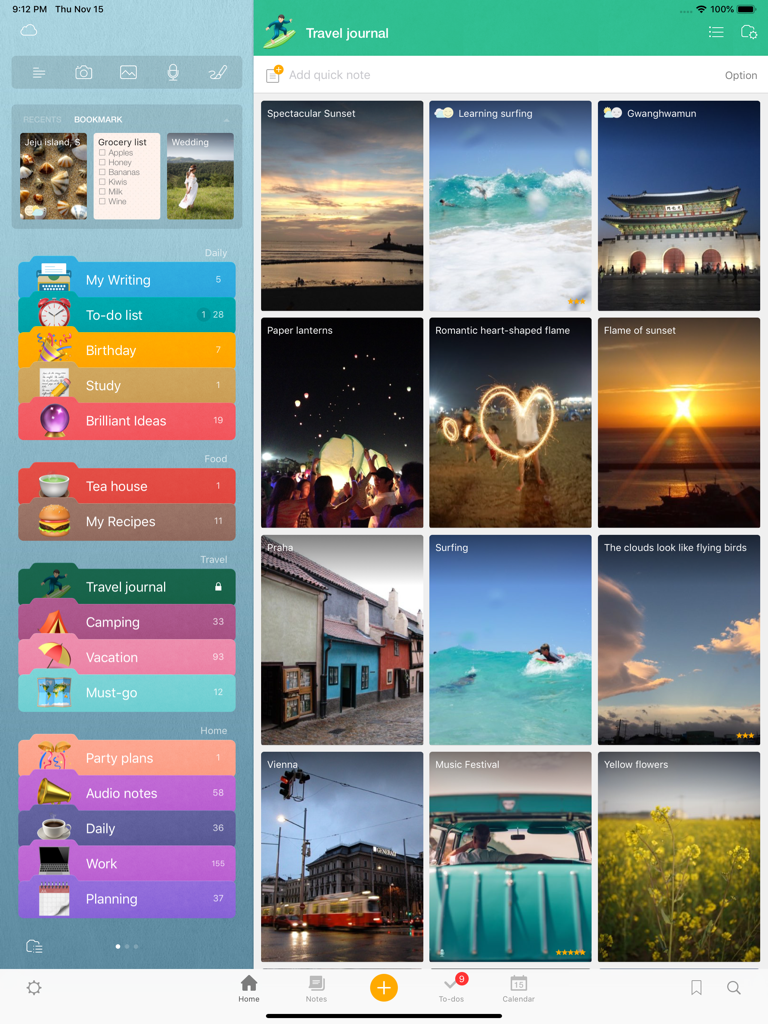 Awesome Note 2 iPad interface showing colorful note categories and a visual travel journal with photo entries
