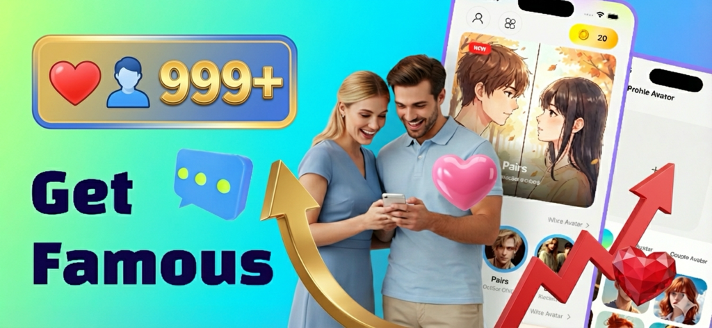 A couple using the Followers Likes Boom app to create custom AI avatars for social media growth.