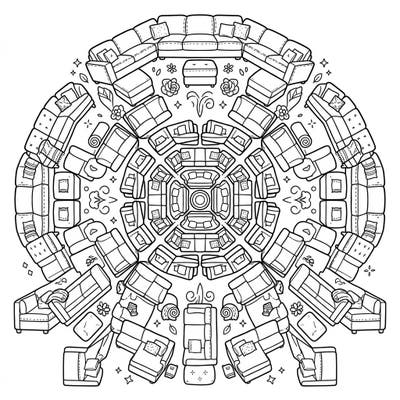 Discover a one-of-a-kind coloring experience with this intricate sectional sofa mandala. This unique design merges the comfort of home furnishings with the calming symmetry of a traditional mandala.