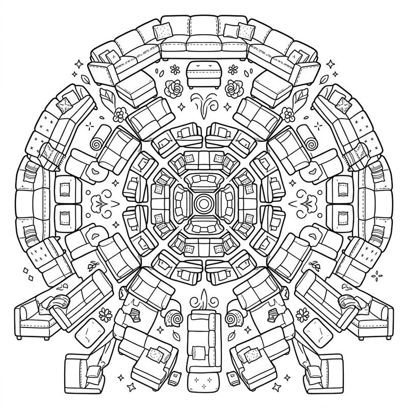 Discover a one-of-a-kind coloring experience with this intricate sectional sofa mandala. This unique design merges the comfort of home furnishings with the calming symmetry of a traditional mandala.