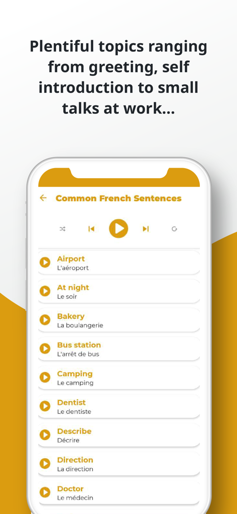 French ー Listening・Speaking - Mobile app interface showing a list of common French conversation topics like airport and bakery