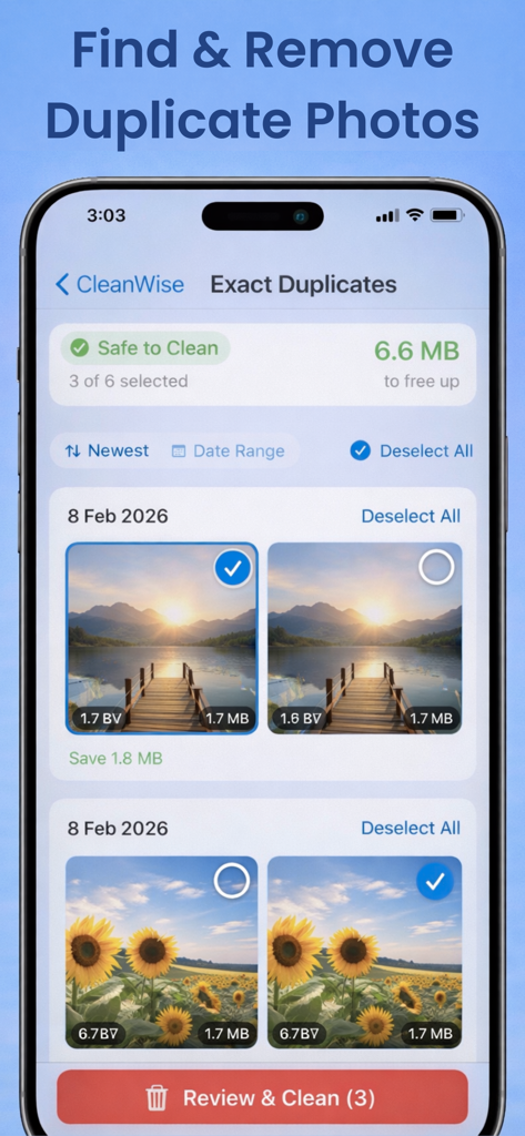 CleanWise: Storage Cleaner - CleanWise app interface displaying the exact duplicates cleaning tool with photo comparisons and storage reclamation options
