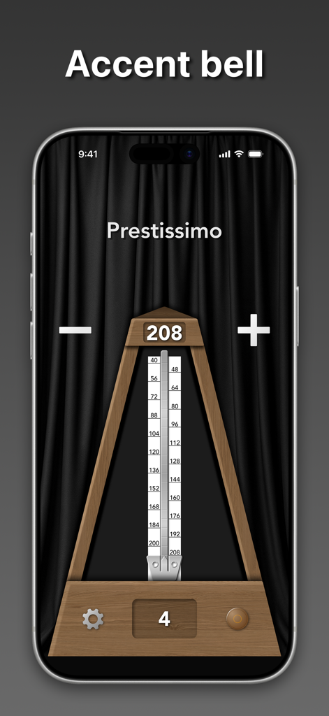 True Metronome - Interface da aplicação True Metronome mostrando um andamento de 208 BPM Prestissimo com a funcionalidade de sino de acentuação.