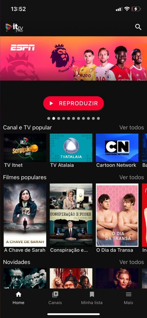 ITTV Plus - Tela inicial do aplicativo móvel ITTV Plus com canais de TV brasileiros ao vivo e categorias de filmes populares