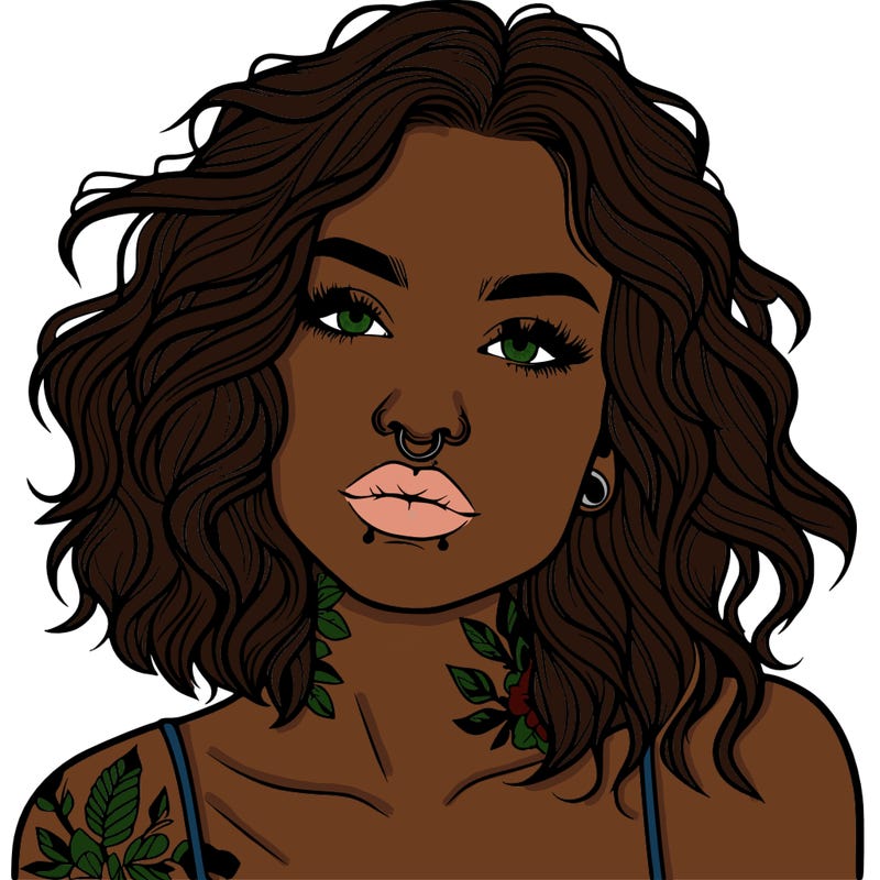 realistic woman with septum piercing and wavy hair and tattoos