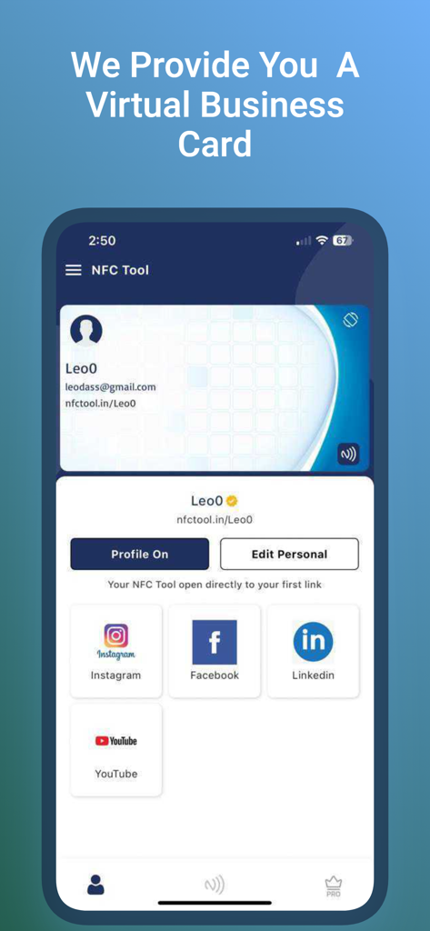 NFC TOOL - Interfaz de la aplicación NFC Tool mostrando una tarjeta de presentación virtual con perfil profesional y enlaces a redes sociales