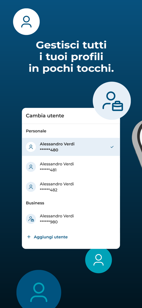 SCRIGNObps mobile banking interface showing personal and business profile options