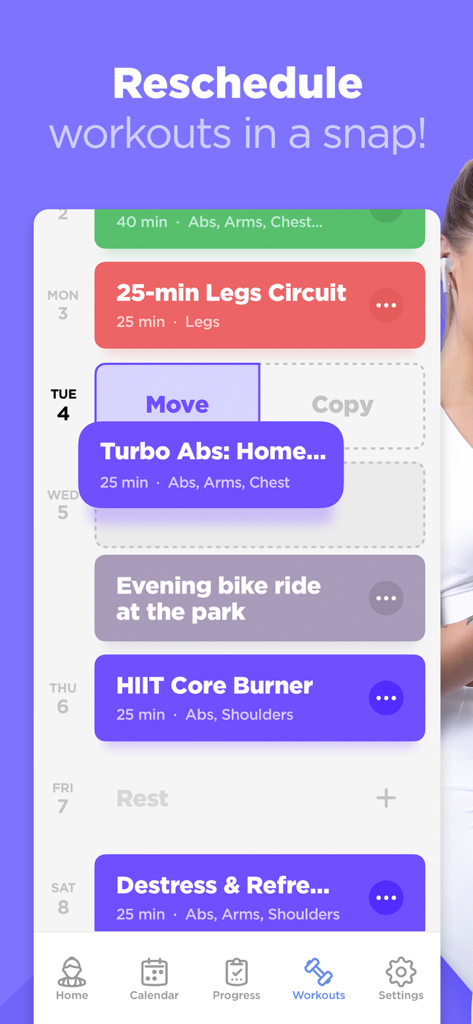Weekly fitness schedule calendar in the WorkoutLabs app showing how to reschedule workouts by moving or copying them