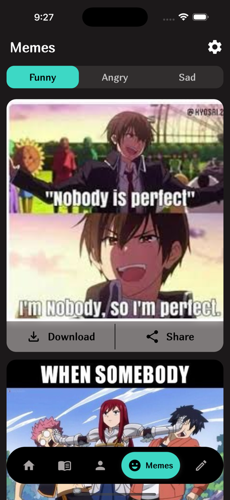 Animeflix - Animeflix app showing a collection of funny anime memes with options to download and share