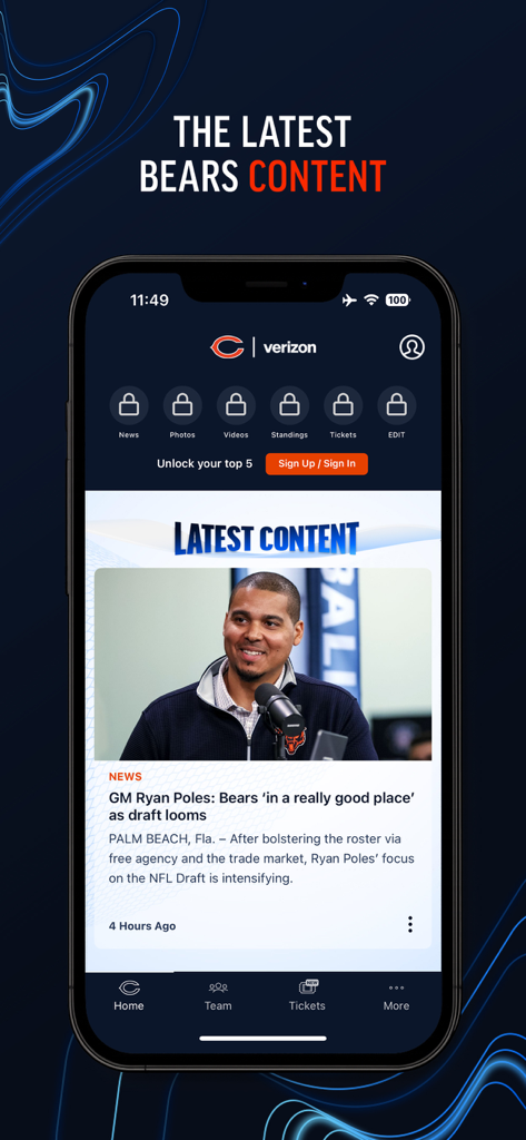 Chicago Bears Official App - Pantalla de smartphone que muestra la sección de noticias y contenido más reciente de la aplicación oficial de los Chicago Bears