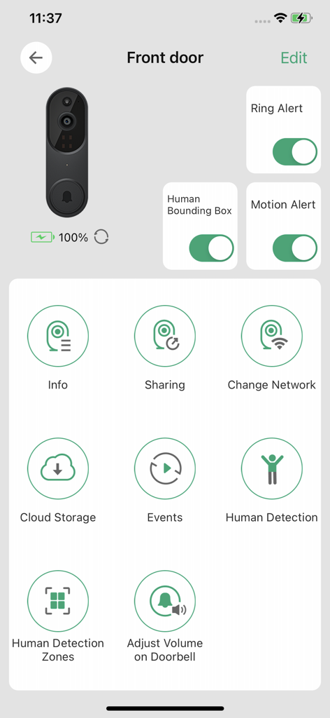 Interface of the Seeing app showing settings and control features for a front door smart doorbell