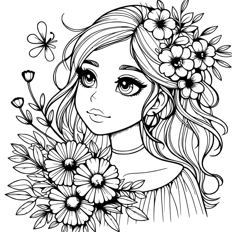 realistic girl with flowers