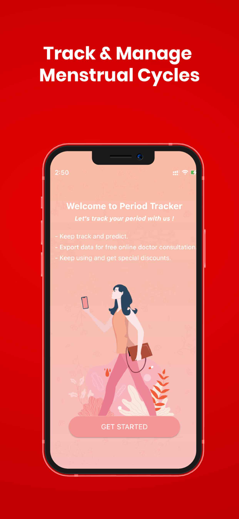 Doctor2U mobile app screen showing the period tracker feature for managing menstrual cycles.