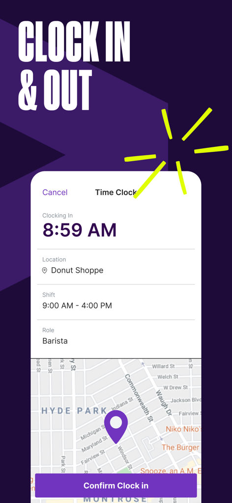Interfaccia mobile dell'app Homebase che mostra la funzione di timbratura di entrata e uscita con la posizione GPS per un turno da barista.