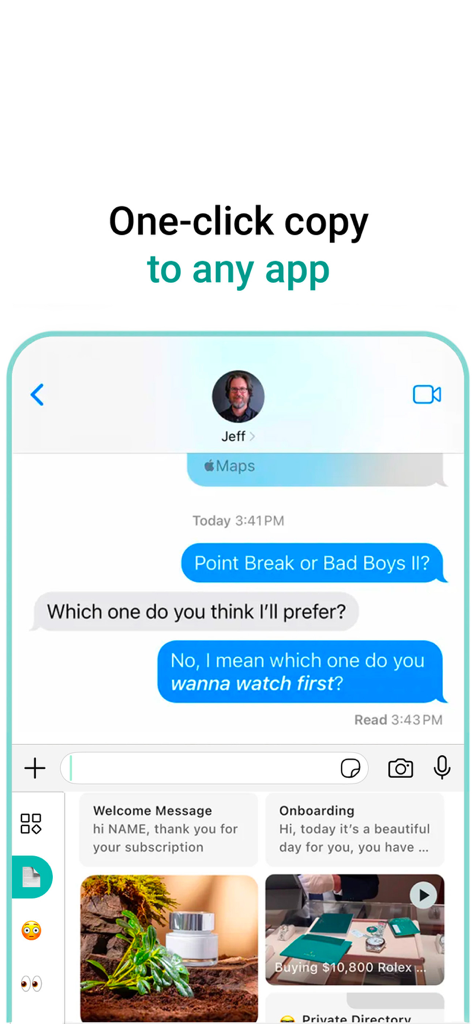 KeyMagic - Custom Keyboards - Interfaz de teclado personalizado de KeyMagic que muestra texto y medios guardados para compartir rápidamente en una aplicación de mensajería