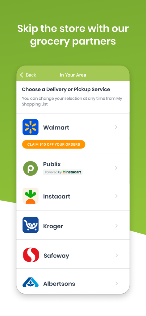 eMeals - Healthy Meal Plans - Tela do aplicativo eMeals listando parceiros de entrega e retirada de compras, incluindo Walmart e Instacart