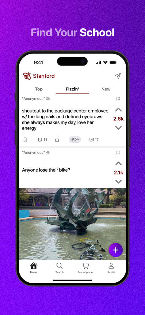 Interface of the Fizz app showing anonymous campus posts for Stanford University.