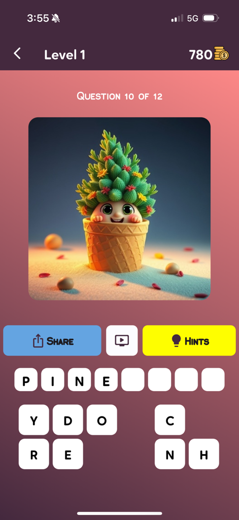 A visual puzzle from the MindBlow app showing an AI-generated pine tree character in a waffle cone to solve the word riddle pineapple.