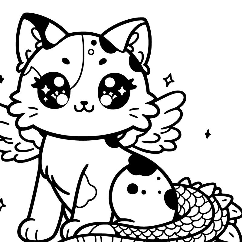 a cute calico cat that has wing and a cute dragon tail ￼