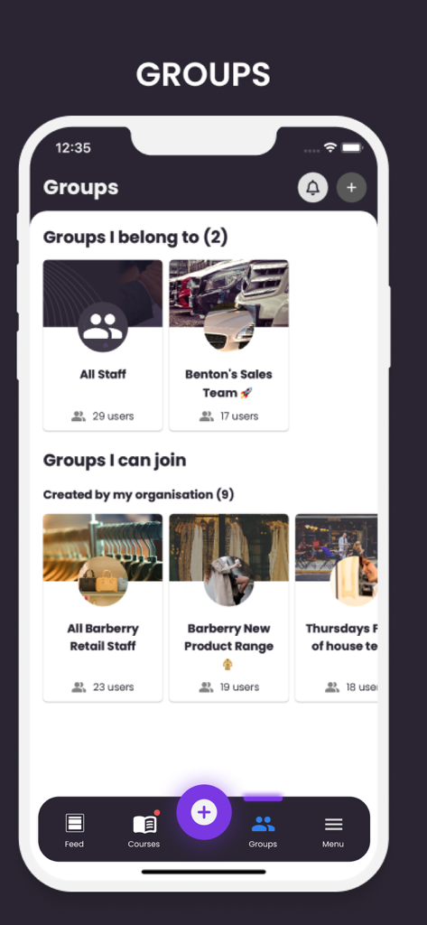 Interface of the Reelyze app showing internal work groups and team collaboration channels