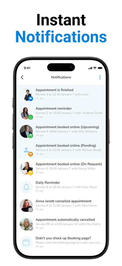 SetTime Appointment Scheduler - Mobile phone screen showing business notifications for appointment bookings and reminders in SetTime app