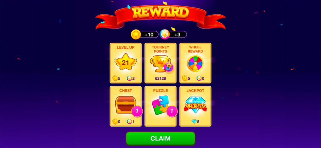 Bingo Star - Bingo Games - Reward collection screen in Bingo Star showing level up bonuses, tourney points, treasure chest, and jackpot rewards