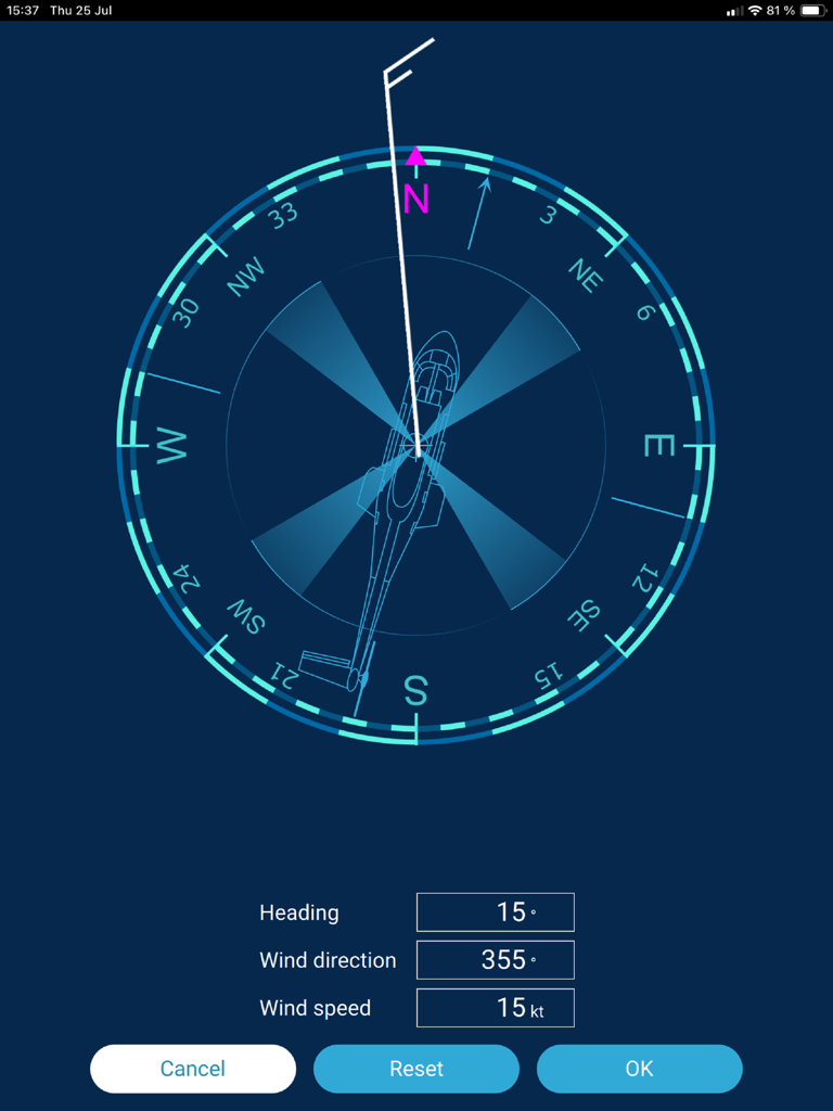 Wind direction and heading input interface for the H215M helicopter performance app
