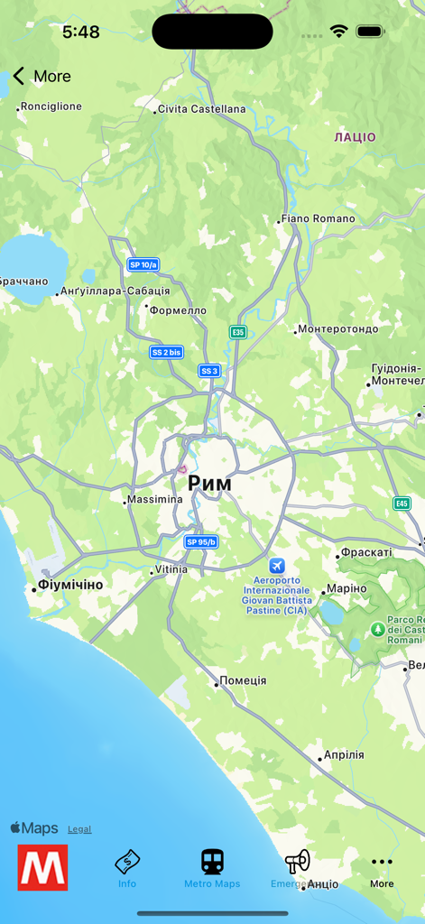 Una schermata di un'app mobile che mostra una mappa geografica di Roma e delle sue regioni circostanti.