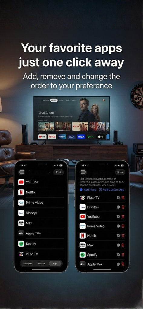Remote control GTV ATV - Uma interface de aplicativo móvel mostrando uma lista personalizável de aplicativos de streaming para iniciar rapidamente em uma Google TV ou Android TV
