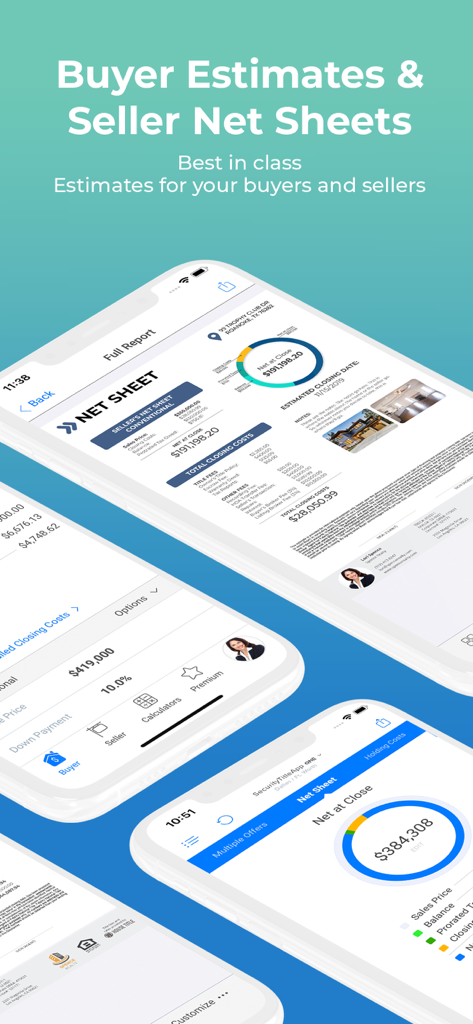 FidelityAgent ONE - FidelityAgent ONE app screens showing real estate buyer estimates and seller net sheets