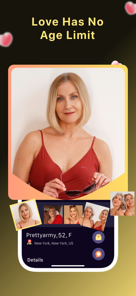 Interfaccia del profilo utente sull'app di incontri Silverly per single over 40 che mostra una donna di New York.