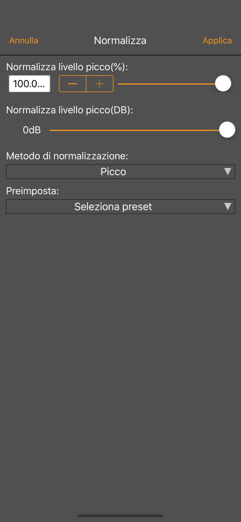 Oberfläche zur Normalisierung von Audiopegeln in der WavePad Professionale 2022 App, die Peak-Pegel-Einstellungen und Schieberegler zeigt.