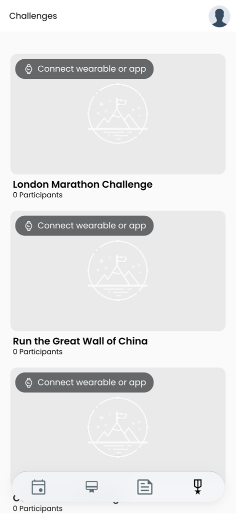 Tempo Wellness - La pantalla de desafíos de fitness de la aplicación Tempo Wellness con un desafío de maratón.