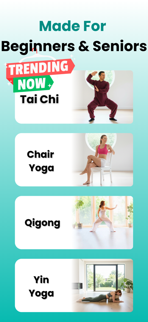 Tai Chi Walking : GentleFit - GentleFit app screen showing Tai Chi Chair Yoga Qigong and Yin Yoga exercise options for seniors and beginners
