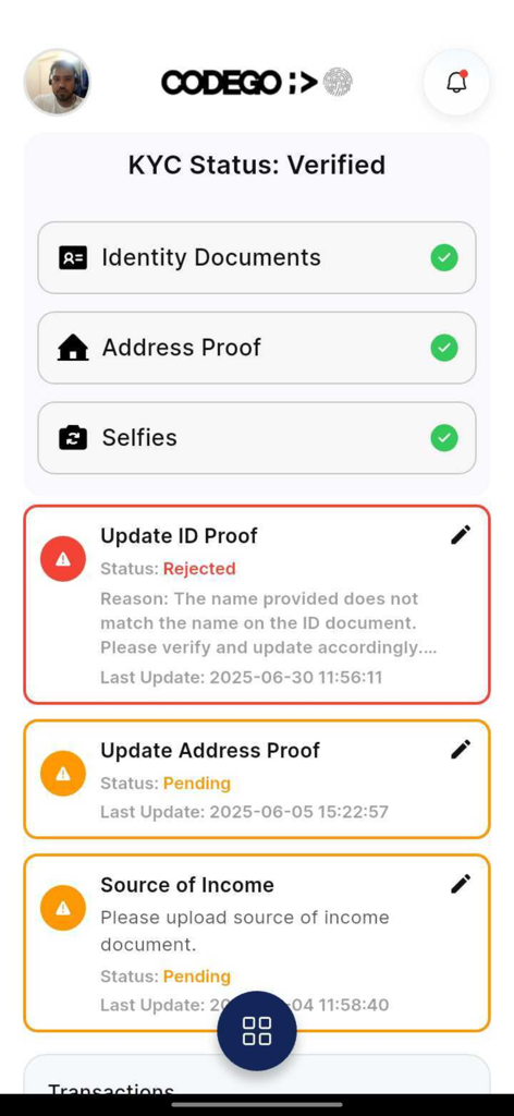 Codego KYC - Mobile Benutzeroberfläche der Codego KYC App, die den Verifizierungsstatus für Ausweisdokumente, Adressnachweise und Selfies anzeigt.